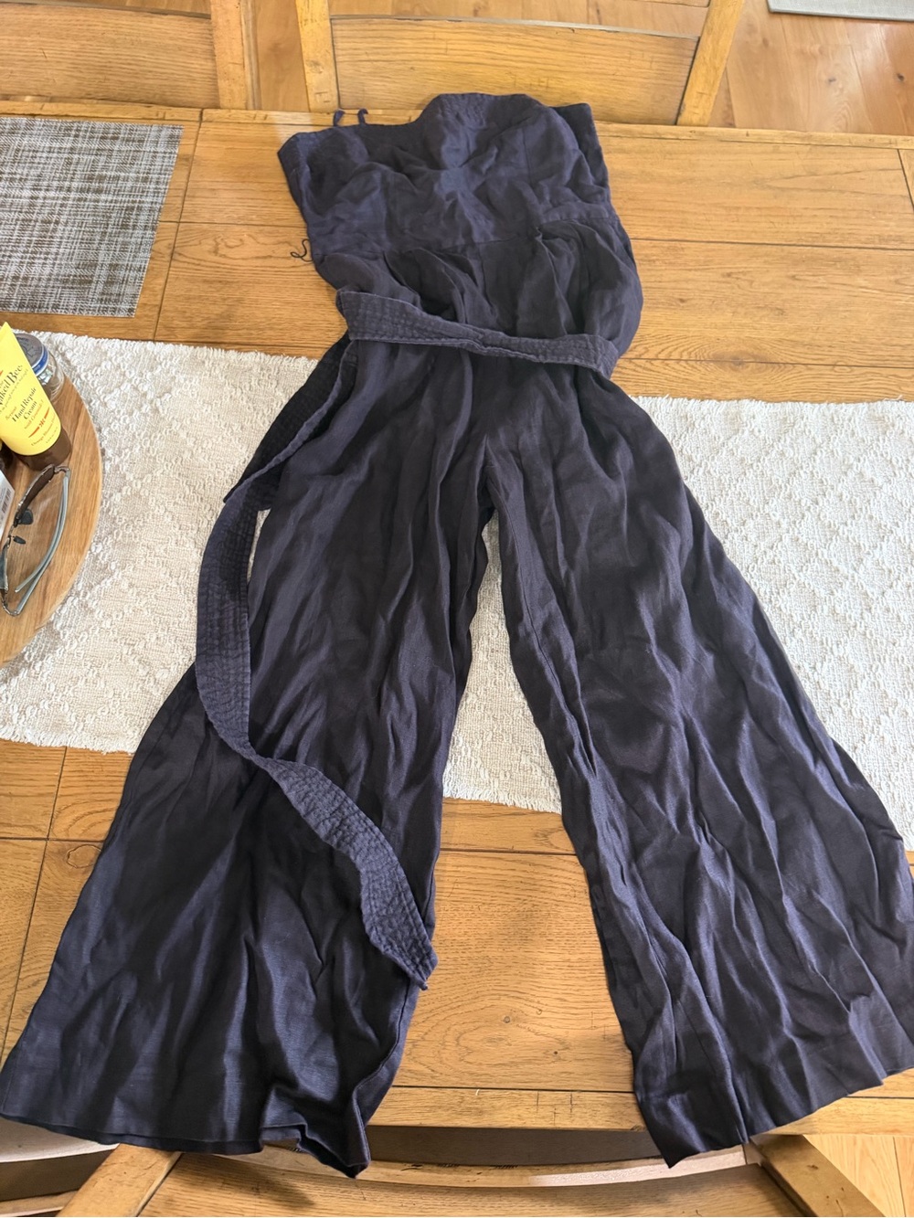 J. Crew Navy Strapless Wide-Leg Jumpsuit with Waist Tie